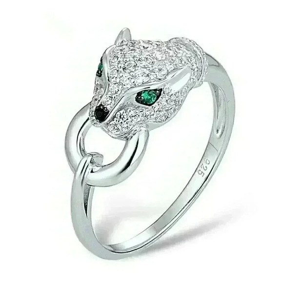 Gorgeous 925 Silver Emerald Diamond Panther Ring - Picture 1 of 8
